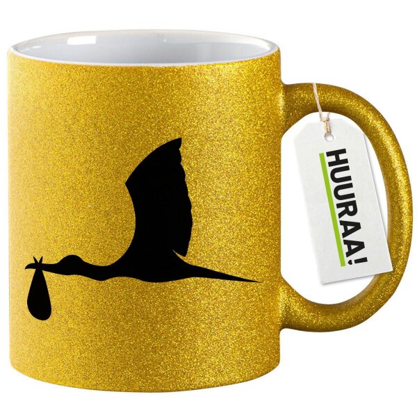 Glitzertasse Klapperstorch mit Baby Silhouette 330ml