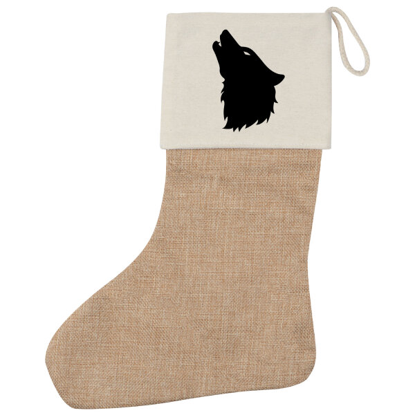 Weihnachtsstrumpf Wolf Kopf Silhouette Beige