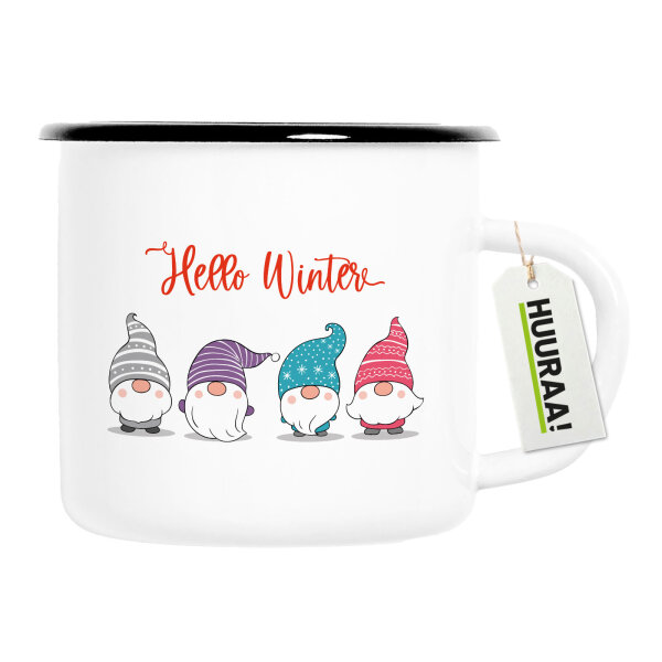 Emaille Tasse Hello Winter Wichtel Weihnachtself 300ml Vintage Emaille Becher