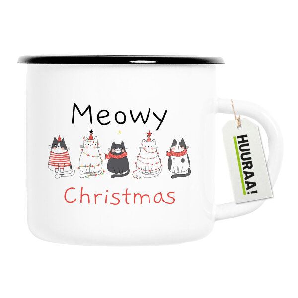 Emaille Tasse Meowy Christmas Katzen 300ml Vintage