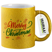 Glitzertasse Merry Christmas Grün Rot 330ml