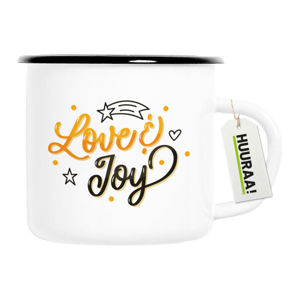 Emaille Tasse Love & Joy Schriftzug 300ml Vintage Emaille Becher