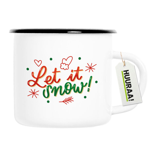 Emaille Tasse Let it Snow Schriftzug 300ml Vintage Emaille Becher