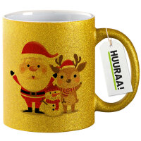 Glitzertasse Weihnachtsmann Rudolph und Schneemann 330ml