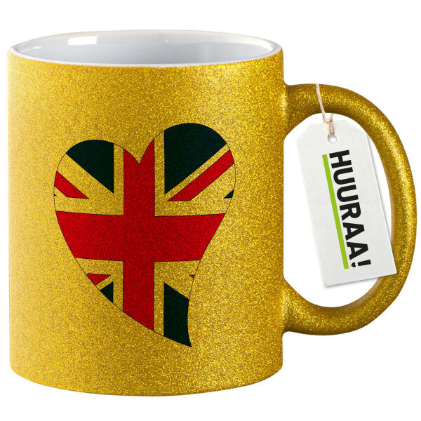 Glitzertasse England Flagge Herz 330ml