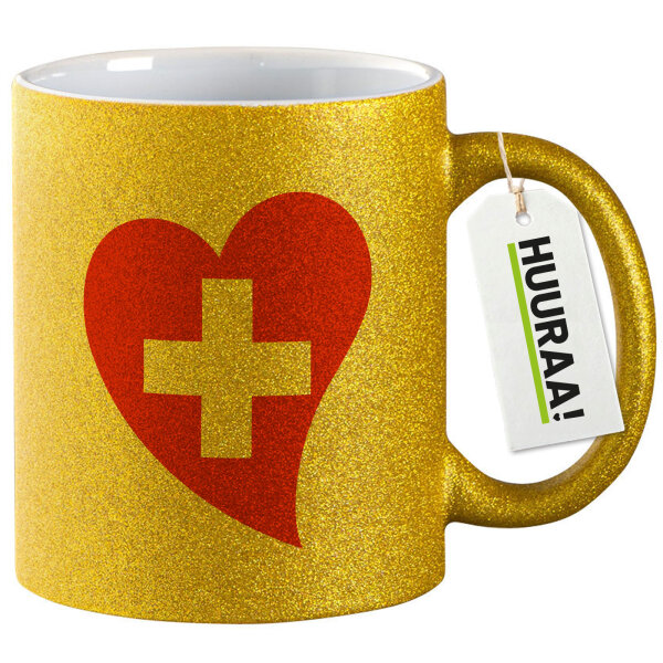 Glitzertasse Schweiz Flagge Herz 330ml