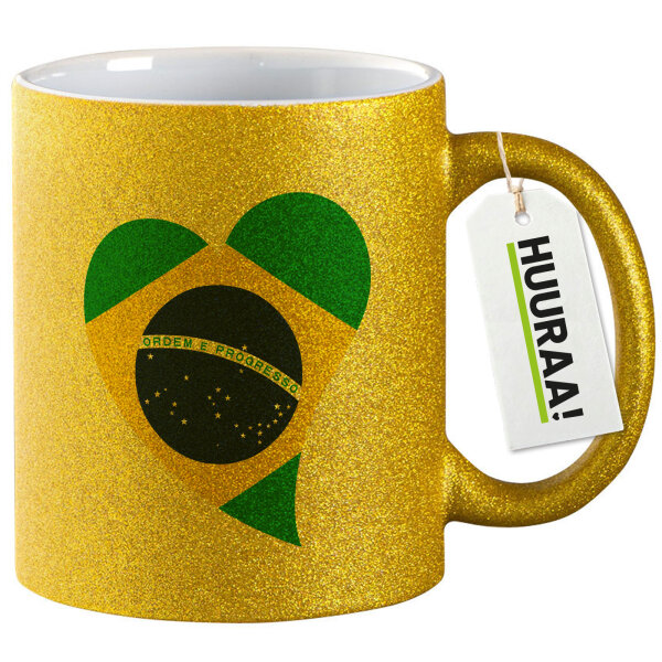 Glitzertasse Brasilien Flagge Herz 330ml
