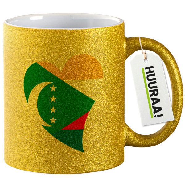 Glitzertasse Komoren Flagge Herz 330ml