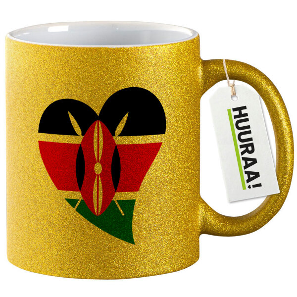 Glitzertasse Kenia Flagge Herz 330ml