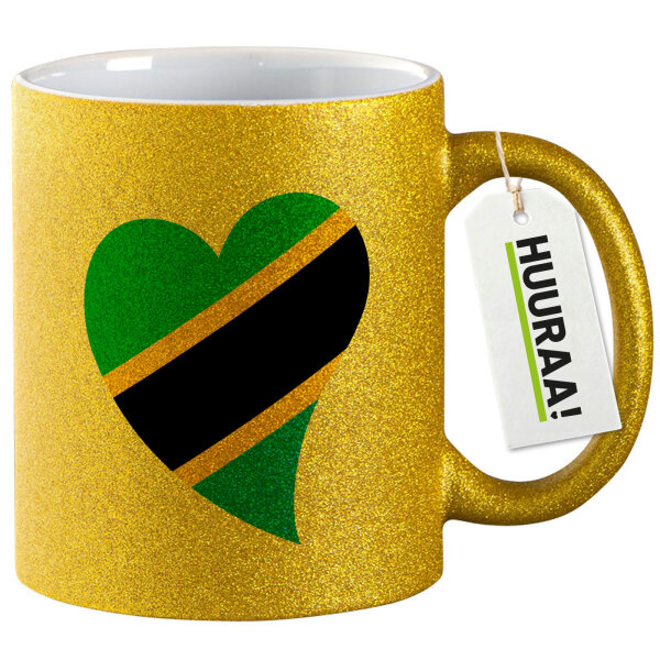 Glitzertasse Tansania Flagge Herz 330ml