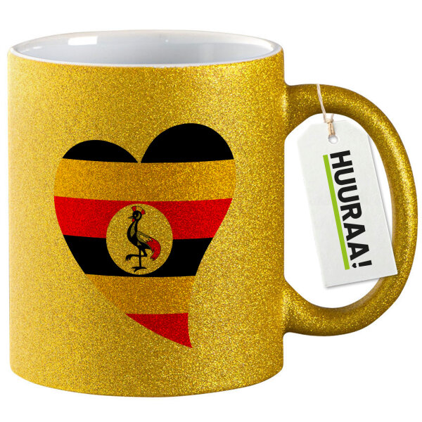 Glitzertasse Uganda Flagge Herz 330ml