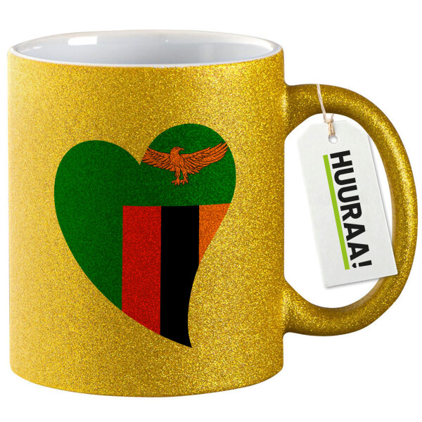 Glitzertasse Sambia Flagge Herz 330ml