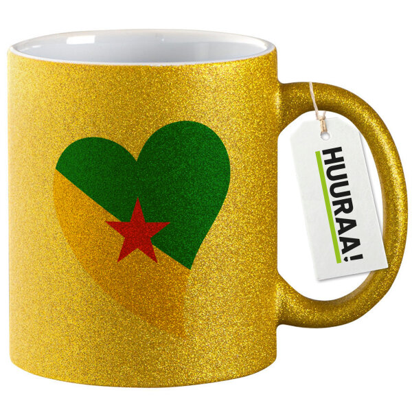 Glitzertasse Französisch-Guayana Flagge Herz 330ml