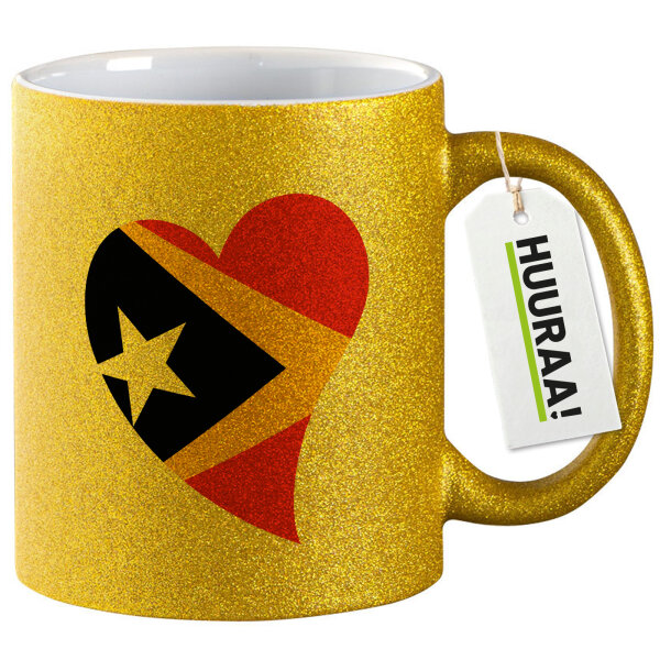 Glitzertasse Osttimor Flagge Herz 330ml