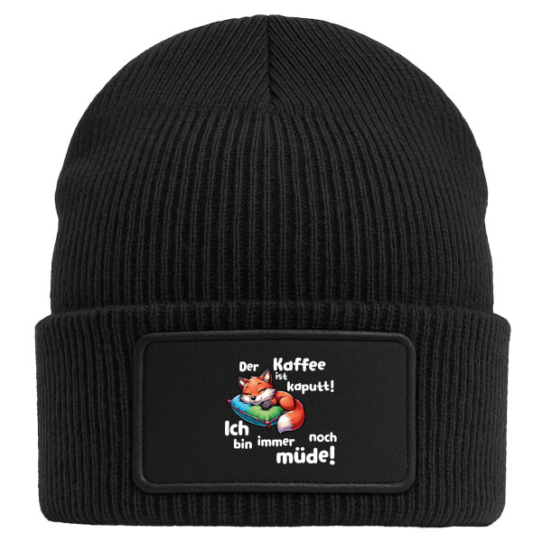 Beanie mit Patch Kaffee kaputt immer noch Müde süßer Fuchs Black