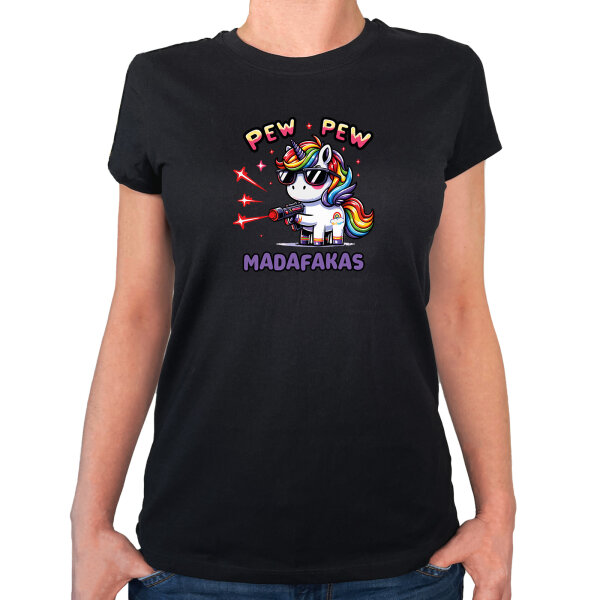 Damen T-Shirt Pew Pew cooles Einhorn