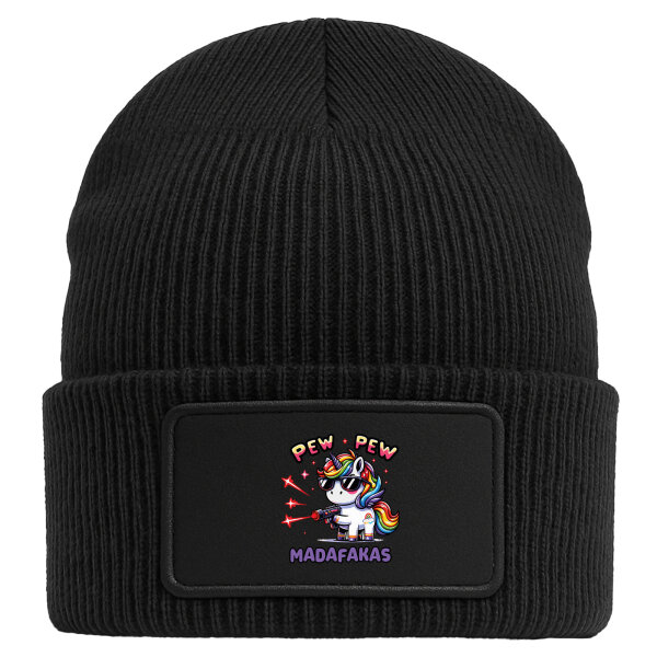 Beanie mit Patch Pew Pew cooles Einhorn Black