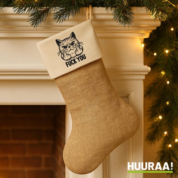 Weihnachtsstrumpf F*ck you grimmige Katze Beige Jute