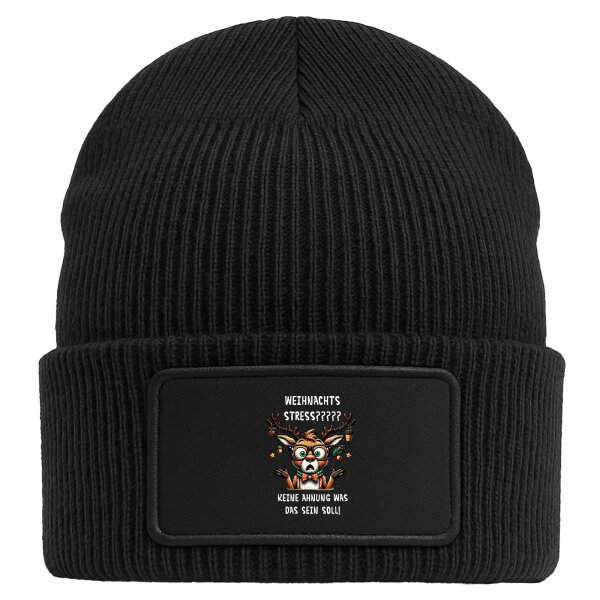 Beanie mit Patch Weihnachtsstress Rentier Black