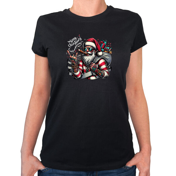 Damen T-Shirt Cooler Weihnachtsmann Merry Christmas
