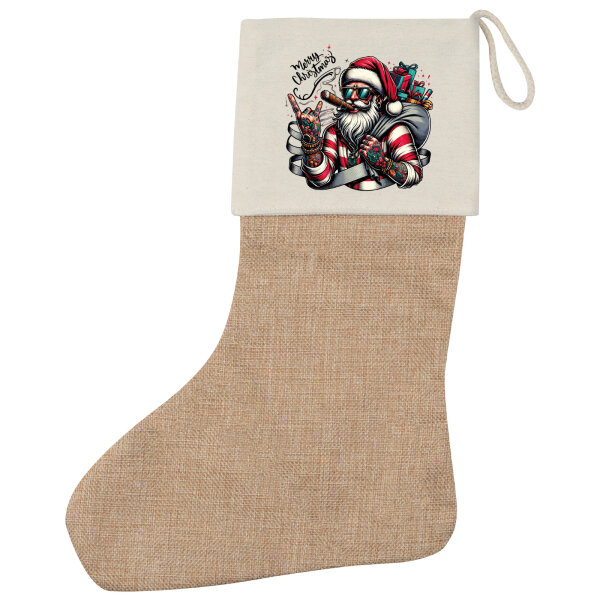 Weihnachtsstrumpf Cooler Weihnachtsmann Merry Christmas Beige Jute