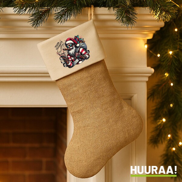 Weihnachtsstrumpf Cooler Weihnachtsmann Merry Christmas Beige Jute
