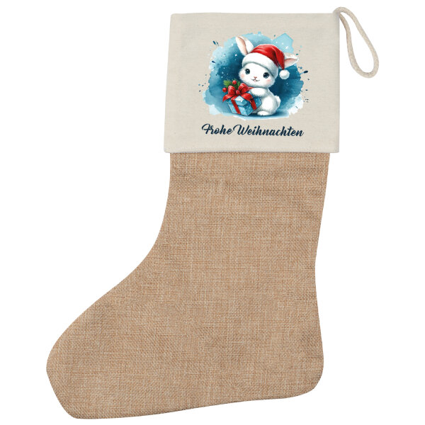 Weihnachtsstrumpf Süßer Hase Frohe Weihnachten Beige Jute