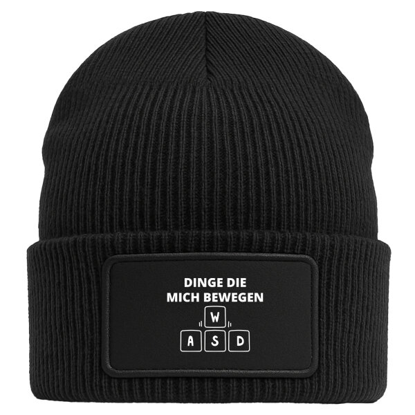 Beanie mit Patch Dinge die mich bewegen Tastatur W A S D Black