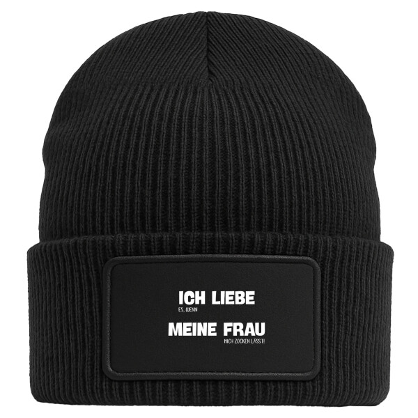Beanie mit Patch Liebe es wenn meine Frau mich zocken lässt Black