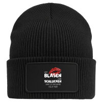 Beanie mit Patch Erst blasen dann schlucken, sonst Kaffee zu heiß Black