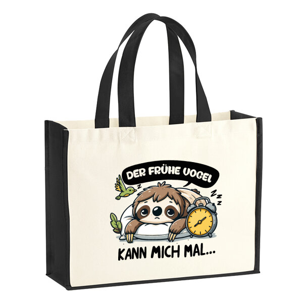 Jutetasche Der frühe Vogel kann mich mal Faultier 21 Liter Black