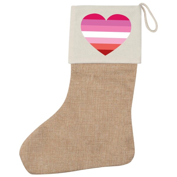 Weihnachtsstrumpf Lesbische Pride Flagge LGBTQ Herz Beige Jute