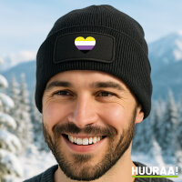 Beanie mit Patch Nonbinary Pride Flagge LGBTQ Herz Black