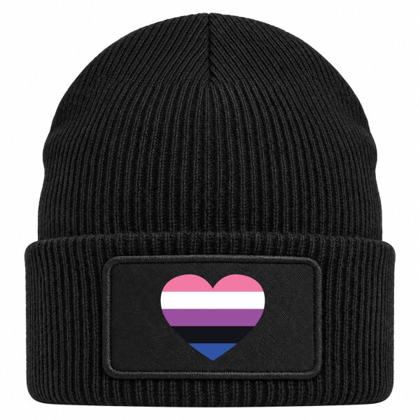 Beanie mit Patch Genderfluid Pride Flagge LGBTQ Herz Black