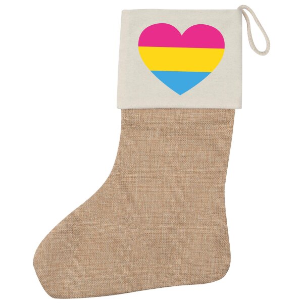 Weihnachtsstrumpf Pansexuell Pride Flagge LGBTQ Herz Beige Jute