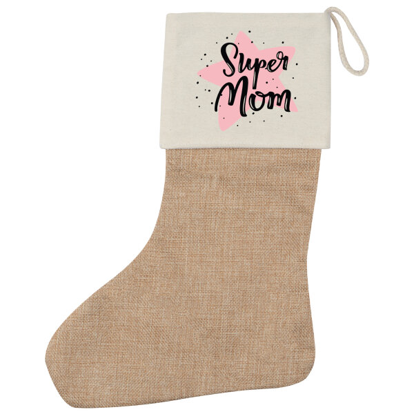 Weihnachtsstrumpf Super Mom Beste Mama Beige Jute
