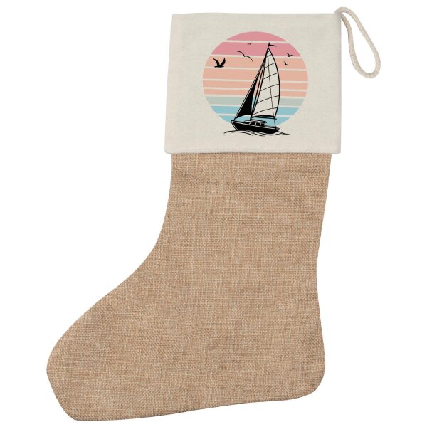Weihnachtsstrumpf Segelboot segeln Beige Jute