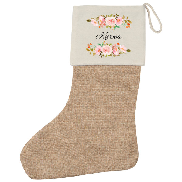 Weihnachtsstrumpf Kurwa polnisch Blumen Beige Jute