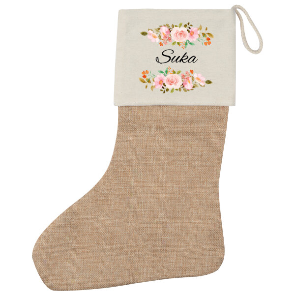Weihnachtsstrumpf Suka russisch Blumen Beige Jute