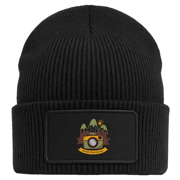 Beanie mit Patch Enjoy travelling Kamera Black