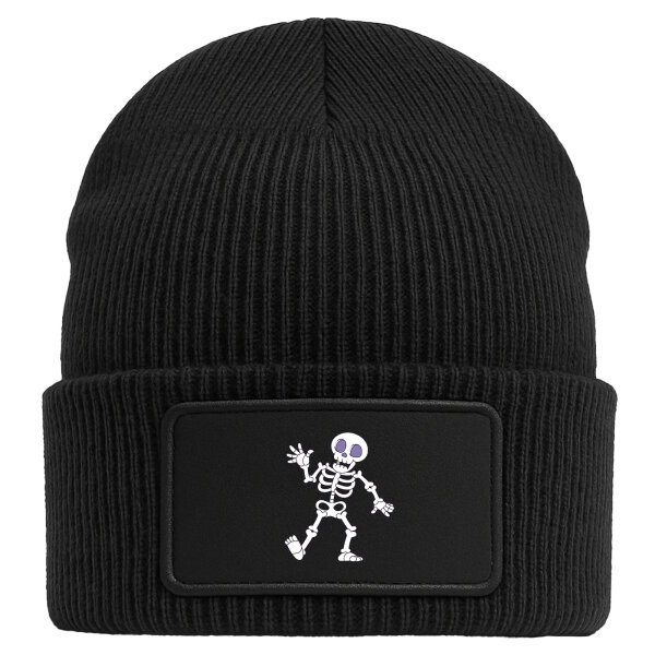 Beanie mit Patch winkendes Skelett Comic Black