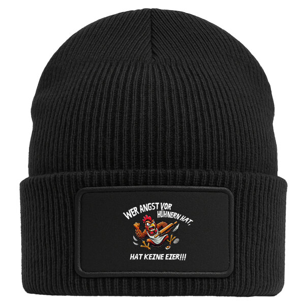 Beanie mit Patch Angst vor Hühnern, hat keine Eier grimmiger Hahn Black