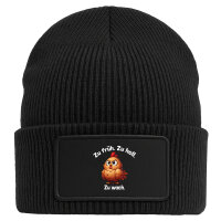 Beanie mit Patch Zu früh. Zu hell. Zu wach. grimmiges Huhn Black