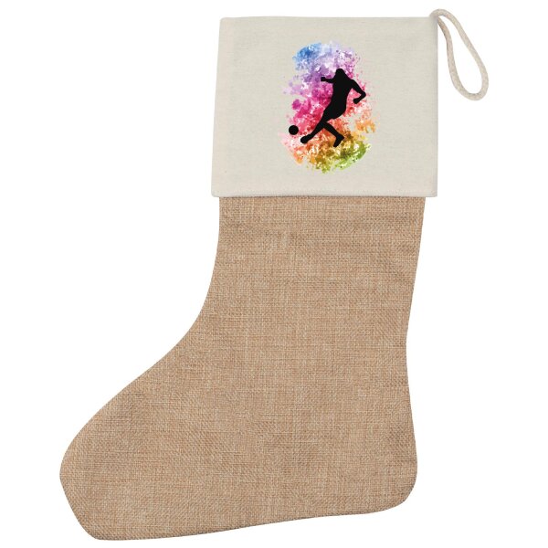 Weihnachtsstrumpf Fußballspieler bunte Silhouette Beige Jute
