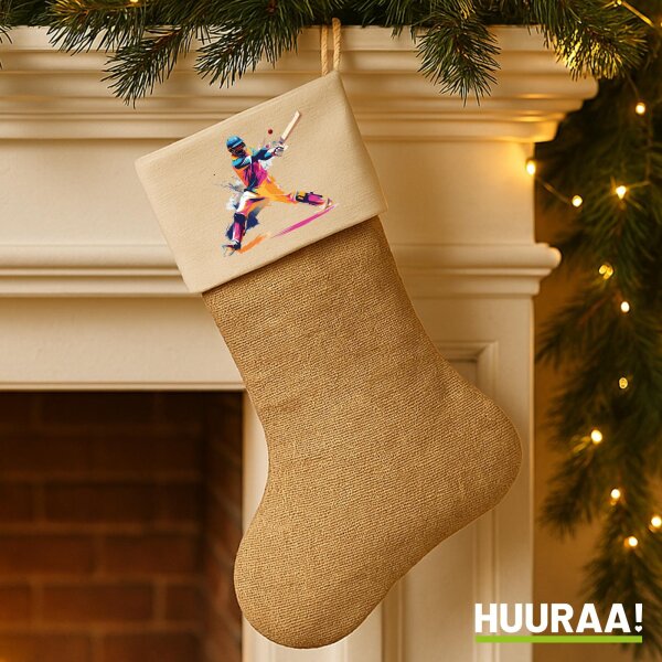 Weihnachtsstrumpf Baseball Spieler bunte Silhouette Beige Jute