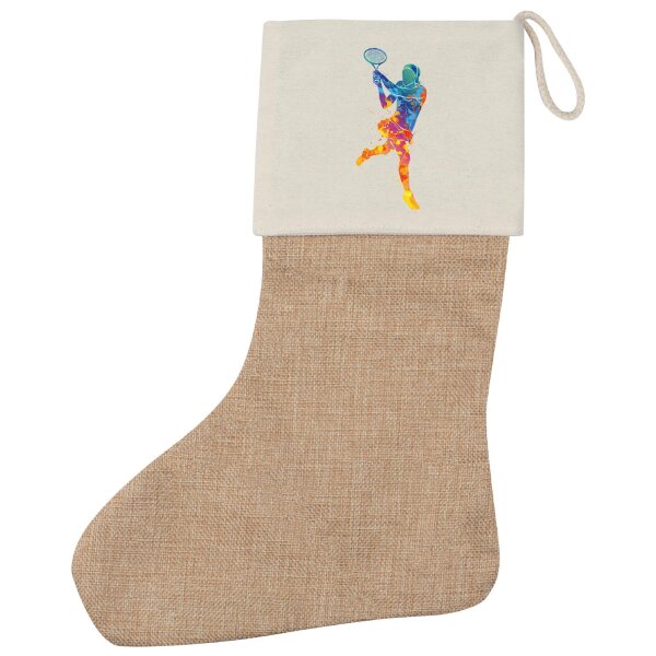 Weihnachtsstrumpf Tennis Spielerin bunte Silhouette Beige Jute