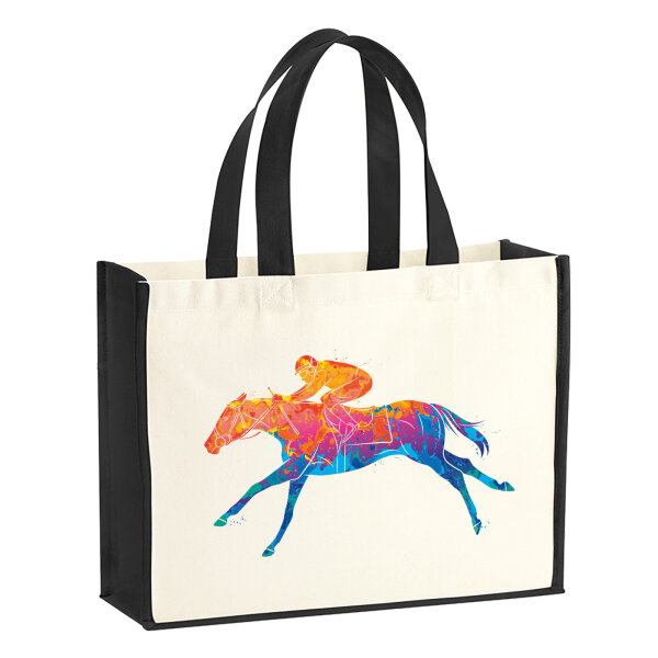 Jutetasche Pferderennen Jockey bunte Silhouette 21 Liter Black
