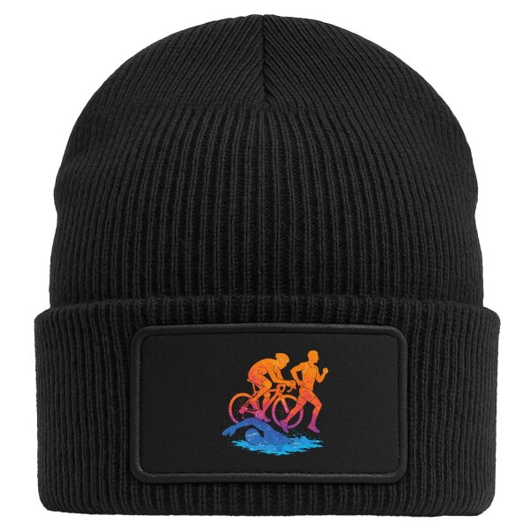 Beanie mit Patch Triathlon bunte Silhouette Black