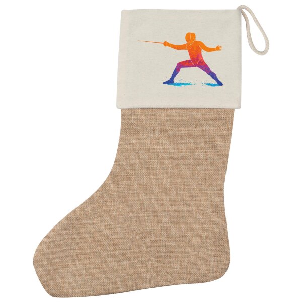 Weihnachtsstrumpf Fechten bunte Silhouette Beige Jute