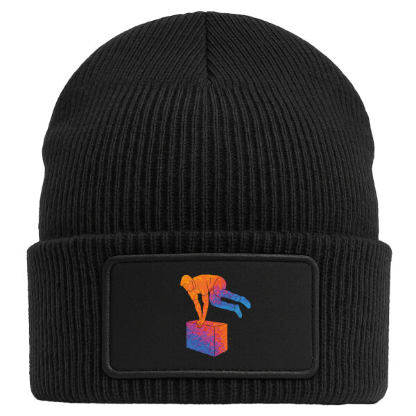 Beanie mit Patch Parkour Freerunning bunte Silhouette Black